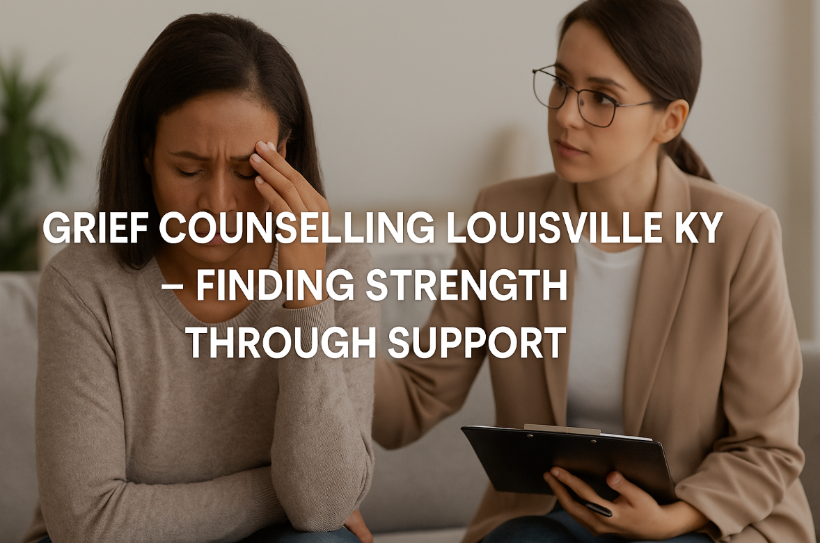 Grief counselling session in Louisville KY showing a compassionate therapist offering support to a woman in distress, symbolizing strength through emotional healing.