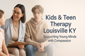 Kids and teen therapy session in Louisville KY, showing a therapist talking with children in a calm, supportive setting.