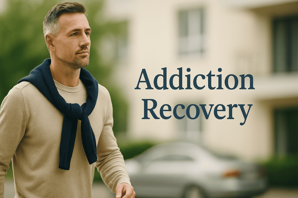 Addiction recovery concept — hopeful man walking outdoors symbolizing healing and new beginnings.