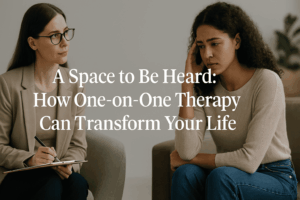 Illustration with calming gradient and centered text saying "A Space to Be Heard: How One-on-One Therapy Can Transform Your Life"