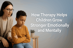"Happy child and therapist in a calm room setting, representing kids and teen therapy in Louisville KY."